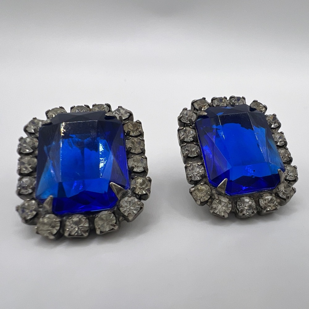 Vintage Cobalt Blue Emerald Cut Glass Rhinestone Halo Stud Earrings Silver Tone
